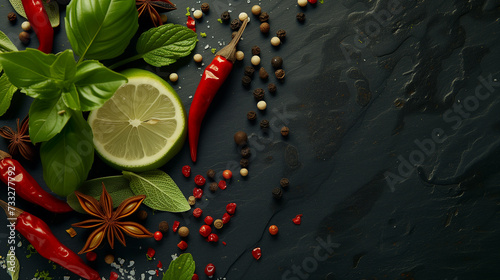 Fresh lime, chili pepper, and spices on dark background, vibrant food photography concept