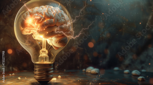 Conceptual image of a brain inside a lightbulb with electrical sparks, creative idea symbol photo