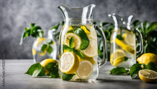 A pitcher of lemonade with lemon slices floating in it photo