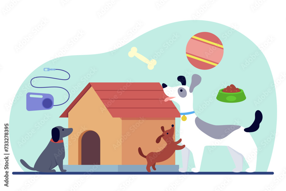 Naklejka premium Cute puppies getting presents for national puppy day. Vector illustration of dog-house, dog-lead, bone, pet food. Domestic animal, caring for pets concept 