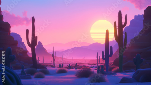 Stylized desert landscape with cacti and mountains at sunset, serene nature scene illustration photo