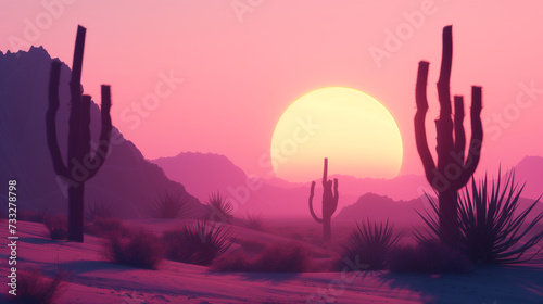 Stylized desert landscape with cacti and mountains at sunset, serene nature scene illustration