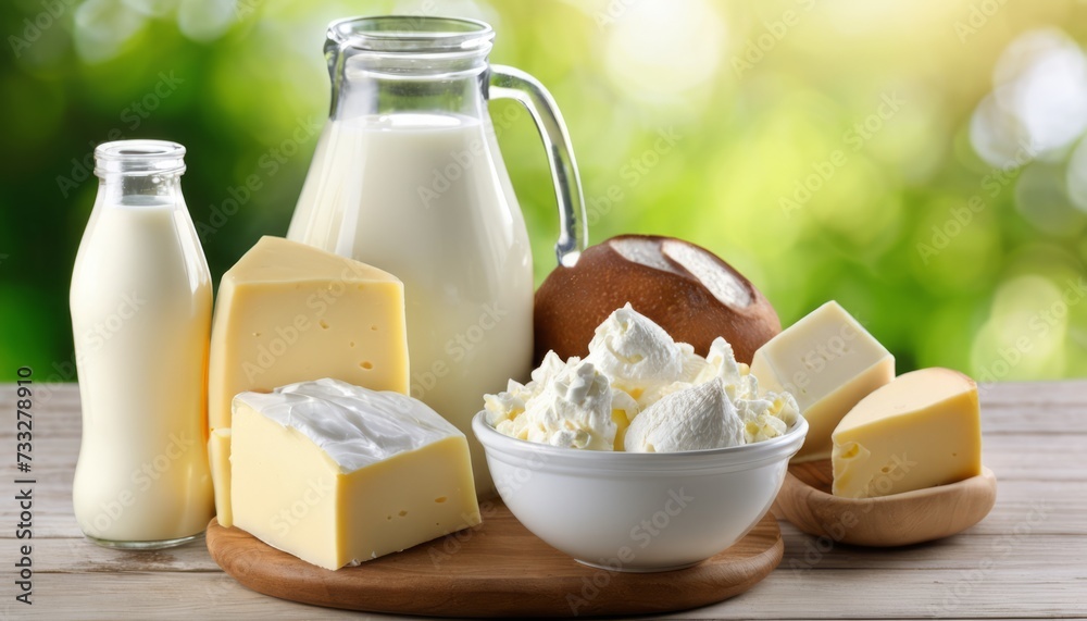 A wooden table with cheese, milk, and yogurt A wooden table with cheese, milk, and yogurt