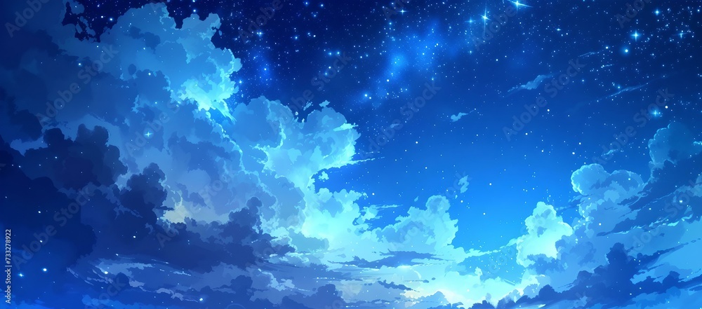 Fototapeta premium Serene night sky with stars and clouds, ideal for background or wallpaper. dreamy atmosphere in a digital illustration. AI