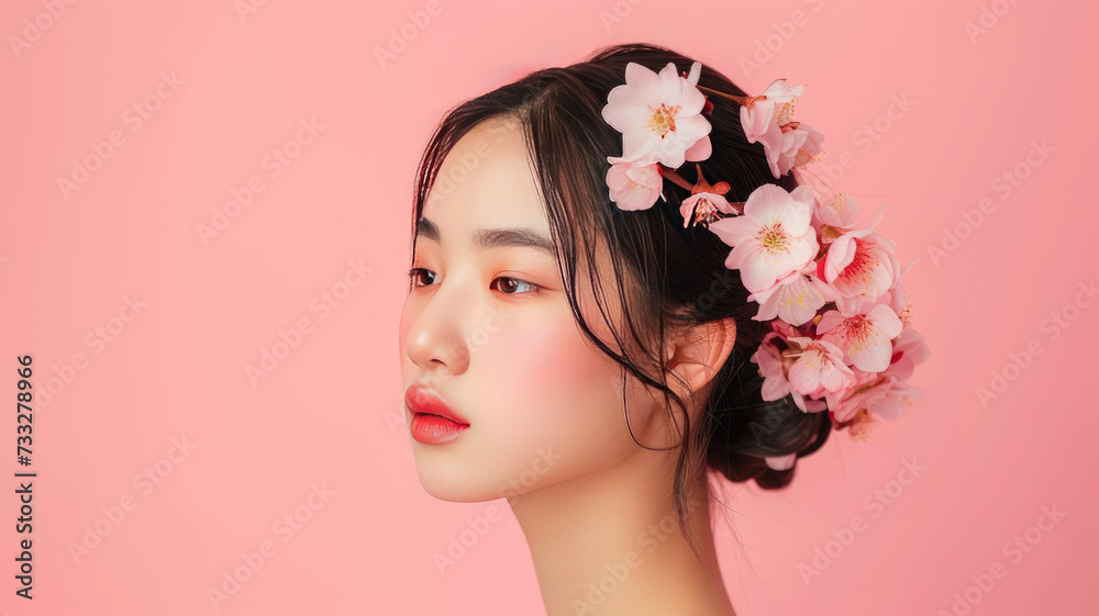Beauty portrait of asian woman with flowers in her hair. Beauty portrait of asian woman with flowers in her hair.