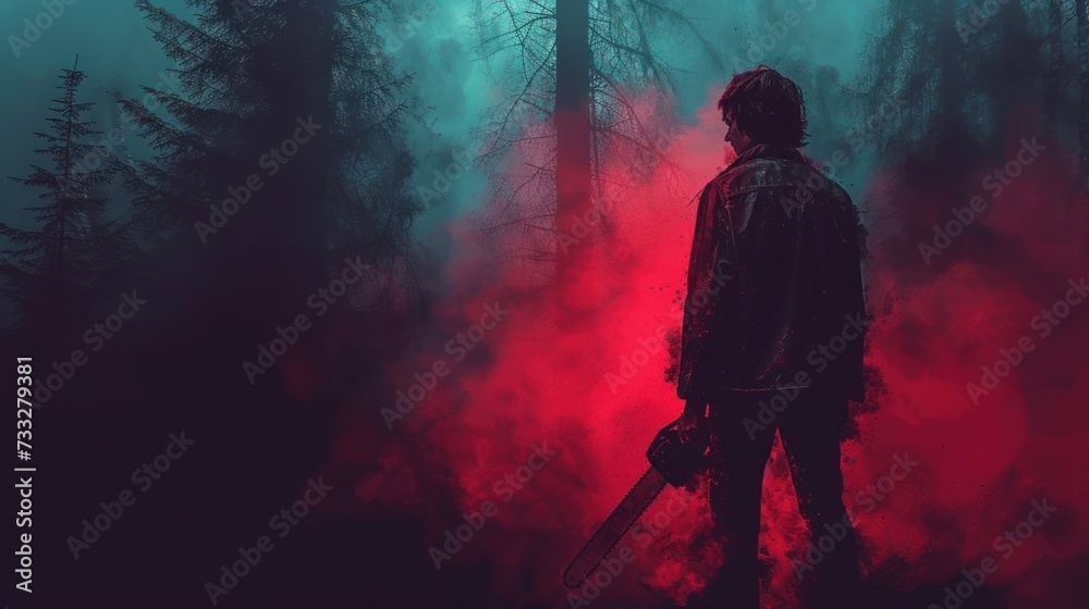 a man standing in the middle of a forest with a knife in his hand and a red light behind him.