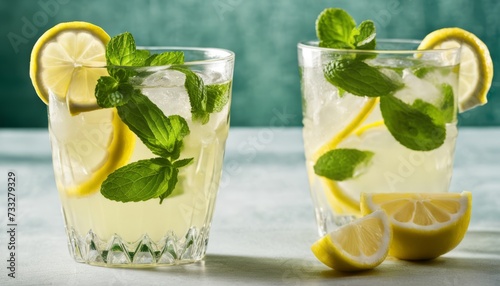 Two glasses of lemonade with lemon slices and mint