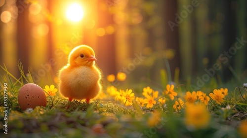 a small yellow duck next to an egg in a field of yellow flowers with the sun shining in the background.