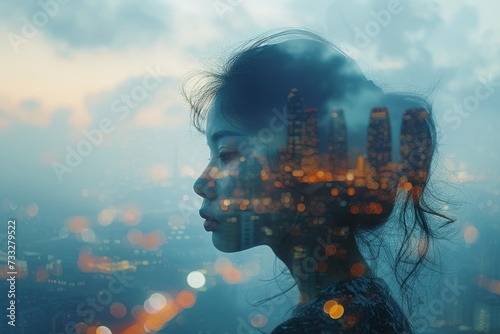 Double Exposure, Woman and the city. Portrait, Closeup. Surreal Abstract Double Exposure Photo. Copyspace.