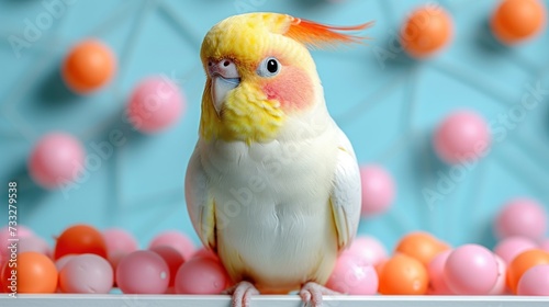 a yellow and white bird sitting on top of a table next to pink and orange balls on a blue background. © Jevjenijs