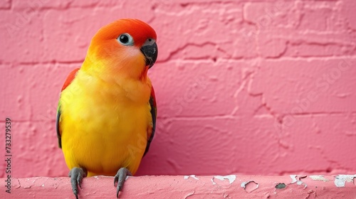 a colorful bird perched on top of a pink wall next to a pink brick wall with peeling paint on it. photo