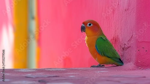 a colorful bird perched on the corner of a pink and yellow building with a green and yellow parrot perched on the corner of a pink wall. photo