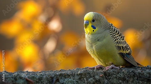 a parakeet perched on a tree branch in front of a blurry background of yellow and green leaves.