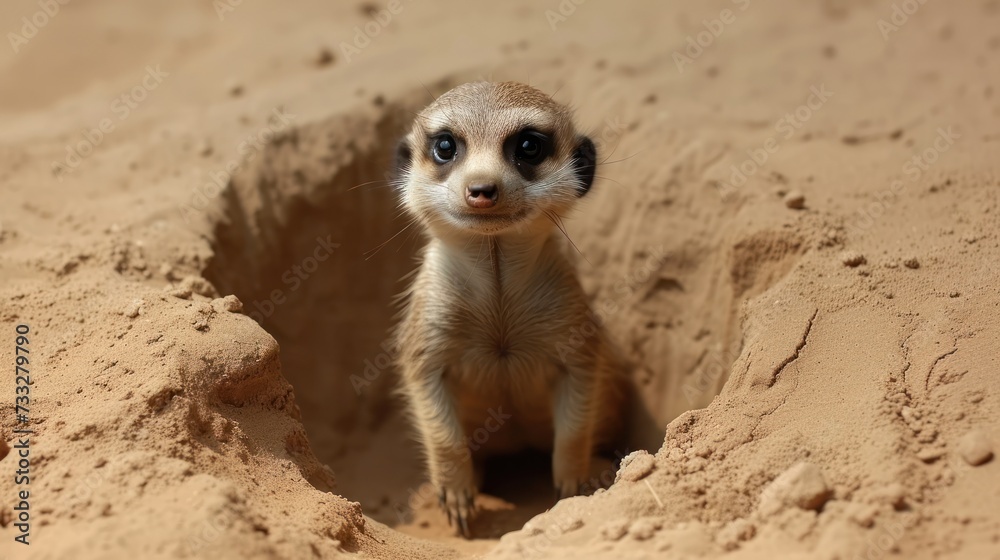 a small meerkat is standing in a hole in the sand and looking at the camera with a curious look on its face. a small meerkat is standing in a hole in the sand and looking at the camera with a curious look on its face.