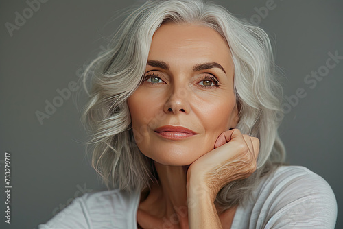 Portrait of beautiful senior woman on grey background.