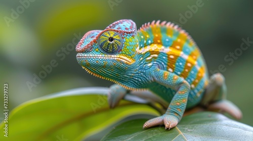 a colorful chamelon sitting on top of a green leaf covered in yellow and blue stripes on it's head. photo