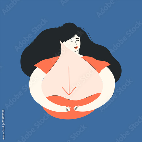 The person suffers from hypoglycemia. A woman hugs a drop of blood with a low sugar reading. The concept of pre-diabetes or anemia. Vector illustration in hand drawn style