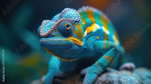 a close up of a blue and yellow chamelon sitting on top of a leafy green tree branch.