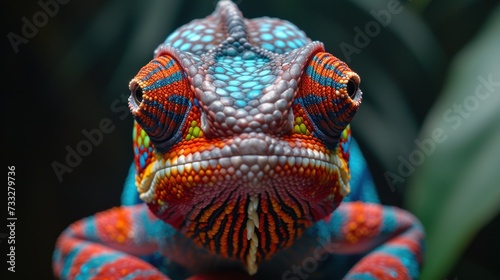 a close up of a colorful lizard's face with a plant in the backgrouch behind it. photo