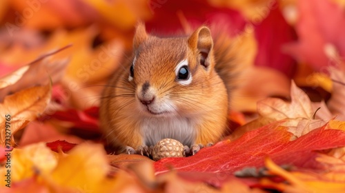 a close up of a small rodent in a pile of leaves with a blue eye on it s face.