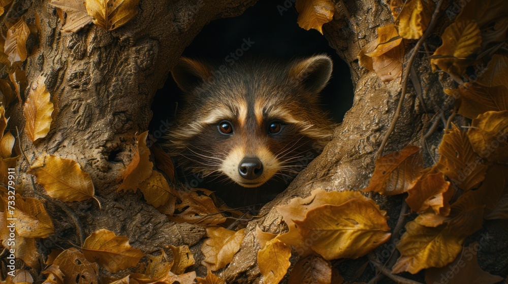 a raccoon peeks out of a hole in the bark of a tree with yellow leaves around it.