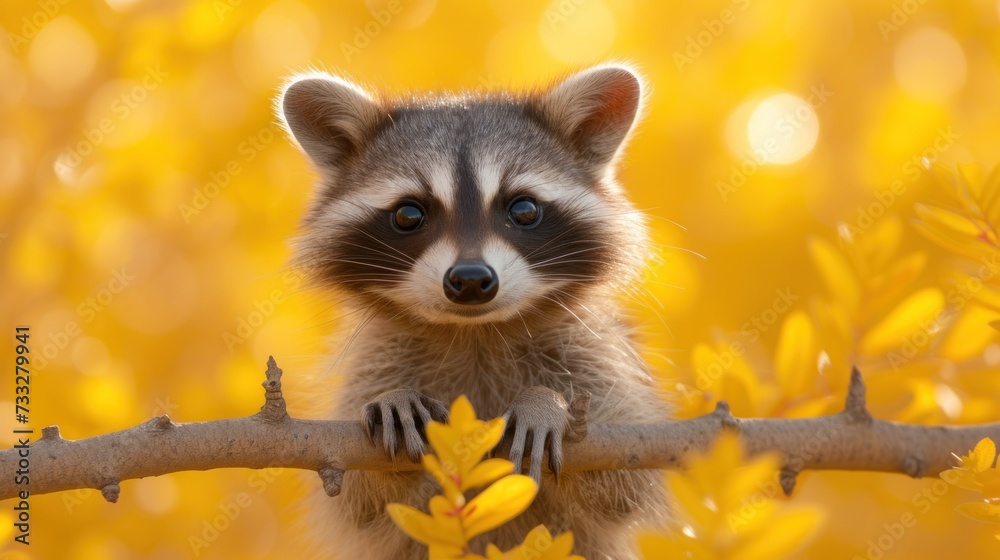 a raccoon standing on a tree branch with yellow leaves in the foreground and a blurry background. a raccoon standing on a tree branch with yellow leaves in the foreground and a blurry background.