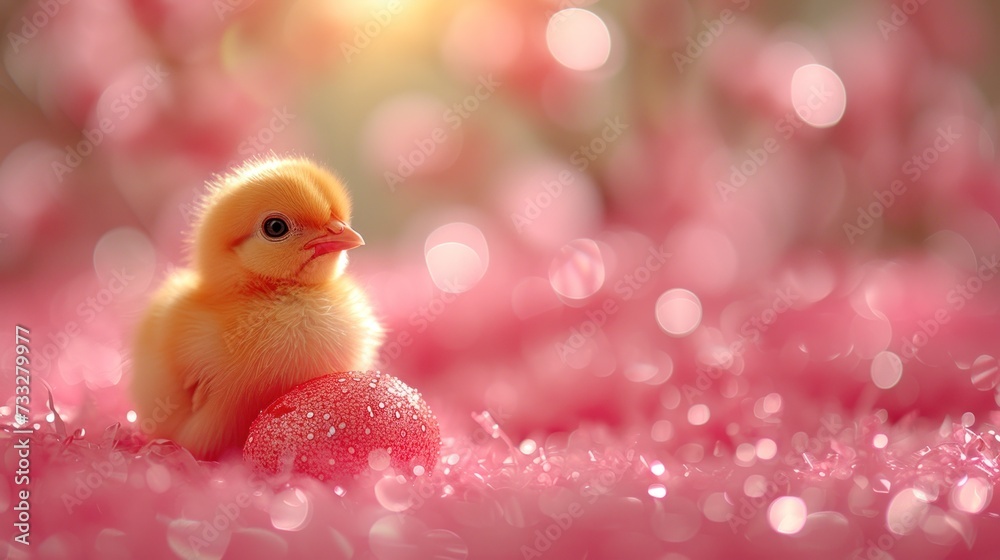 a small yellow chicken sitting on top of a red ball in a field of pink flowers with a blurry background. a small yellow chicken sitting on top of a red ball in a field of pink flowers with a blurry background.
