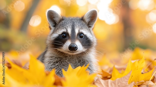 a raccoon is looking at the camera in a leafy area with yellow leaves on the ground and trees in the background. photo