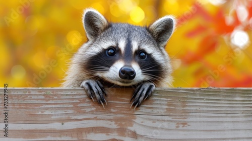 a close up of a raccoon on a fence looking over the top of a wooden fence with autumn leaves in the background.