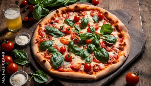 A pizza with tomatoes and basil on a wooden table