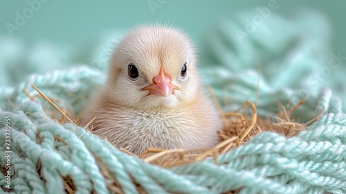 a close up of a baby chicken in a nest on a bed of hay with a light green wall in the background. © Jevjenijs