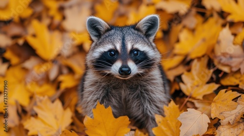 a raccoon sitting in the middle of a pile of leaves with it's face looking at the camera.