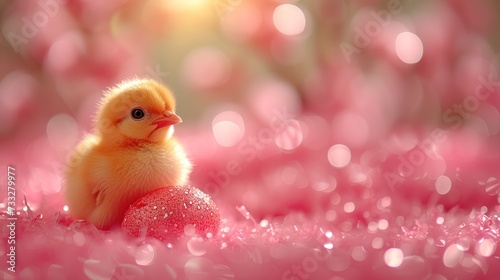 a small yellow chicken sitting on top of a red ball in a field of pink flowers with a blurry background. © Jevjenijs