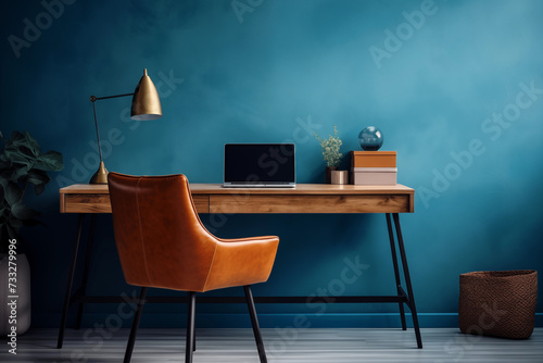 home office with table blue wall wooden desk leather armchair lamp plants, open laptop, and design objects, modern comfortable design vivid teleworking set with pop inspiration candy colors home