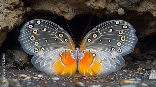 a close up of a butterfly on a rock near a body of water with rocks and gravel in the background. photo