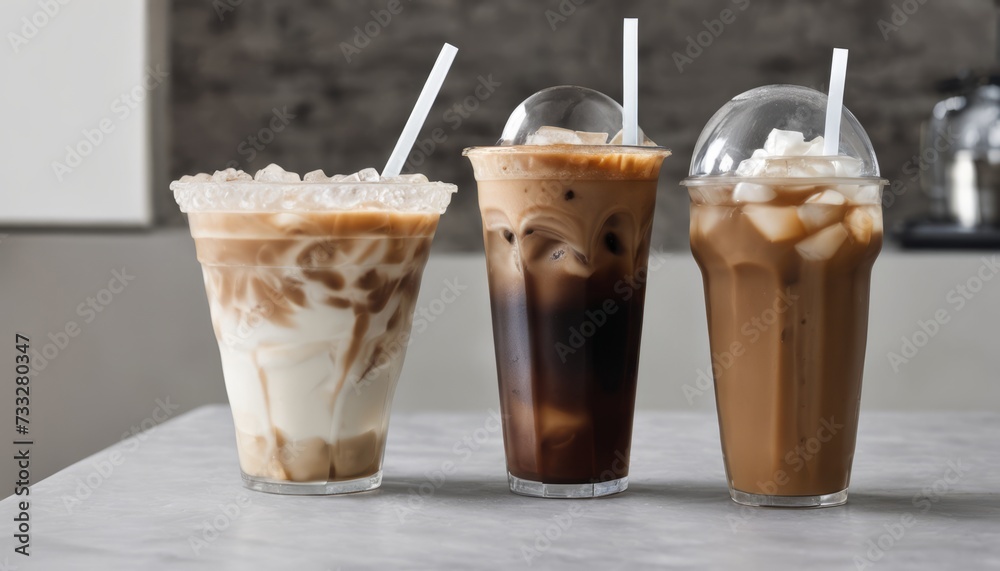 Three glasses of iced coffee on a table Three glasses of iced coffee on a table