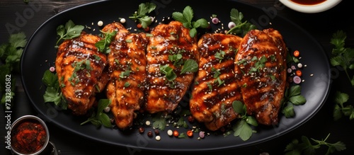 Grilled chicken with spicy sauce with top view