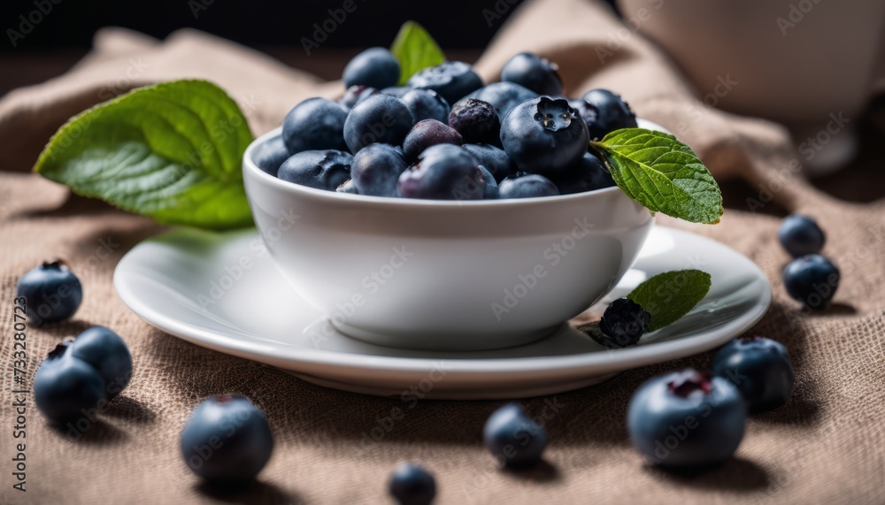 A white bowl filled with blueberries and a leaf A white bowl filled with blueberries and a leaf