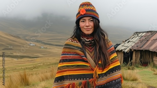 a woman wearing a colorful blanket and a hat standing in front of a small hut on a foggy day. photo