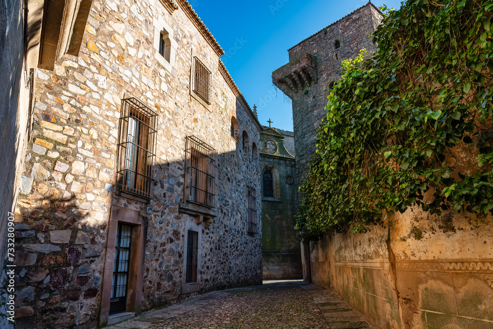 Narrow picturesque streets with medieval buildings in the old town of Caceres, Spain.