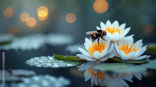 a bee sitting on top of a white flower on top of a body of water with lily pads in front of it.