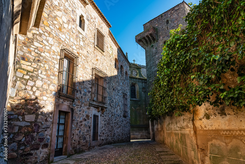 Narrow picturesque streets with medieval buildings in the old town of Caceres, Spain. © josemiguelsangar