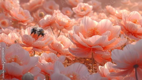 a large field of pink flowers with a bee in the middle of the middle of one of the blooming flowers. photo