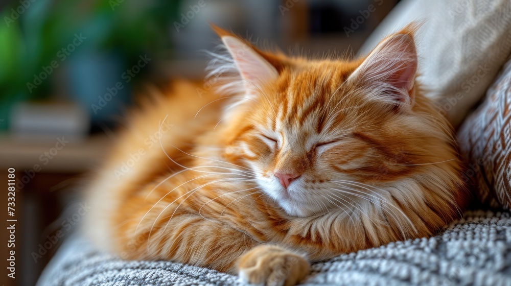 a close up of a cat laying on a couch with its head resting on the arm of a couch cushion.