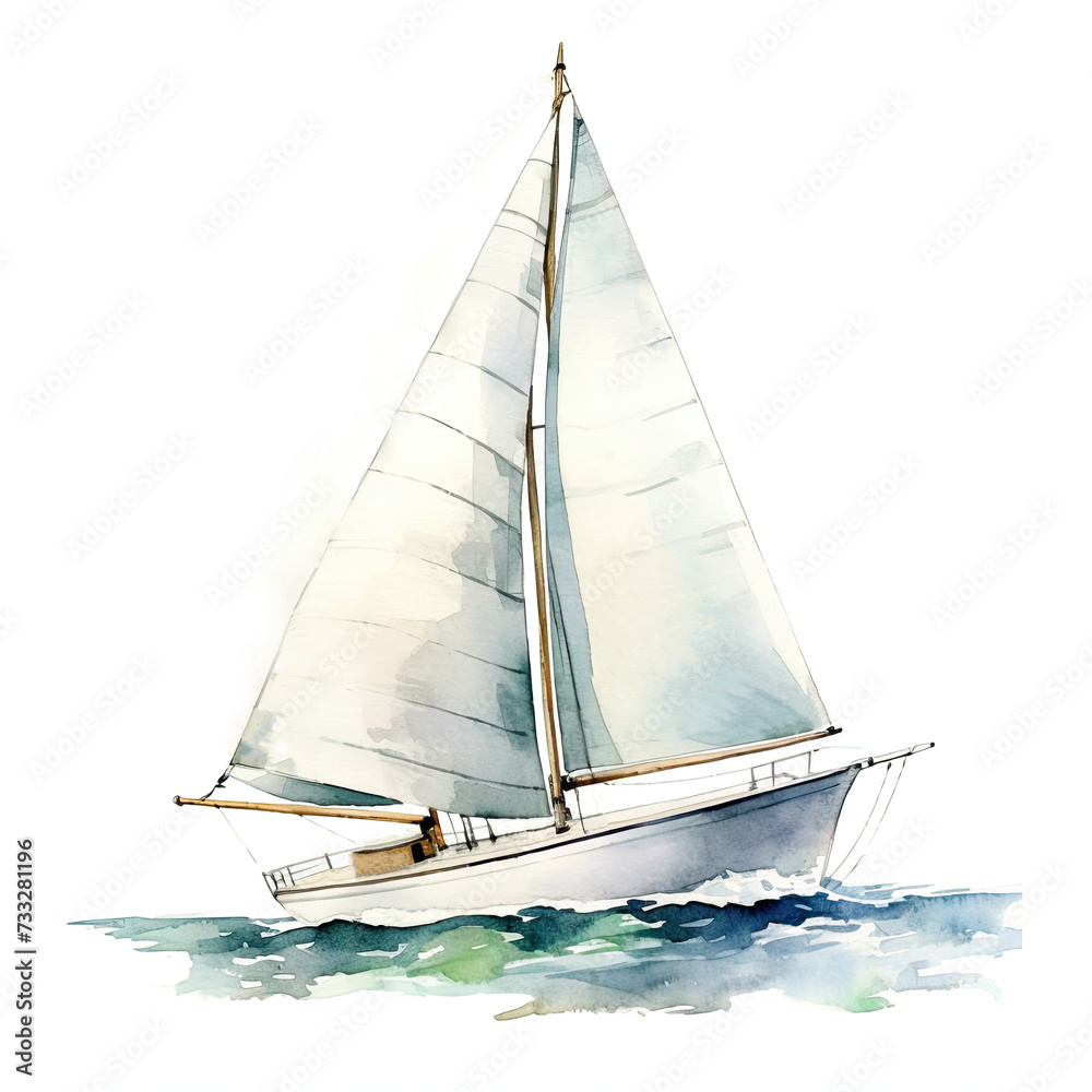 Fototapeta premium Watercolor illustration of yacht with sails on a white background.
