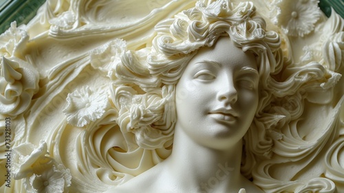 a close up of a white sculpture of a woman's head with white flowers on it's hair.