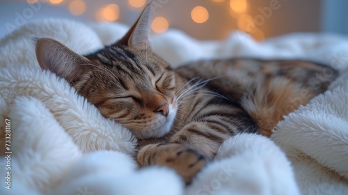 a close up of a cat sleeping on a blanket on a bed with a string of lights in the background.