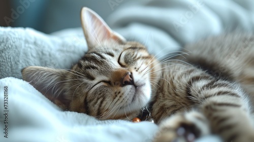 a close up of a cat laying on a bed with it's head resting on a pillow with its eyes closed. © Jevjenijs
