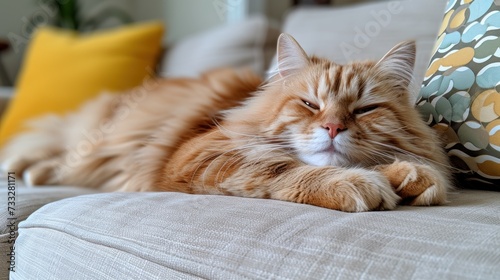 a close up of a cat laying on a couch with a pillow in front of it and a pillow behind it. photo