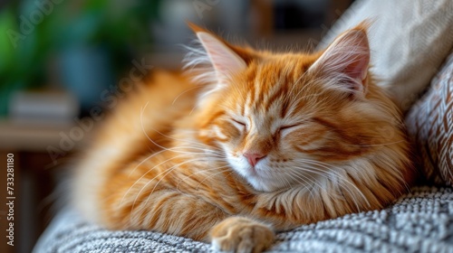 a close up of a cat laying on a couch with its head resting on the arm of a couch cushion.